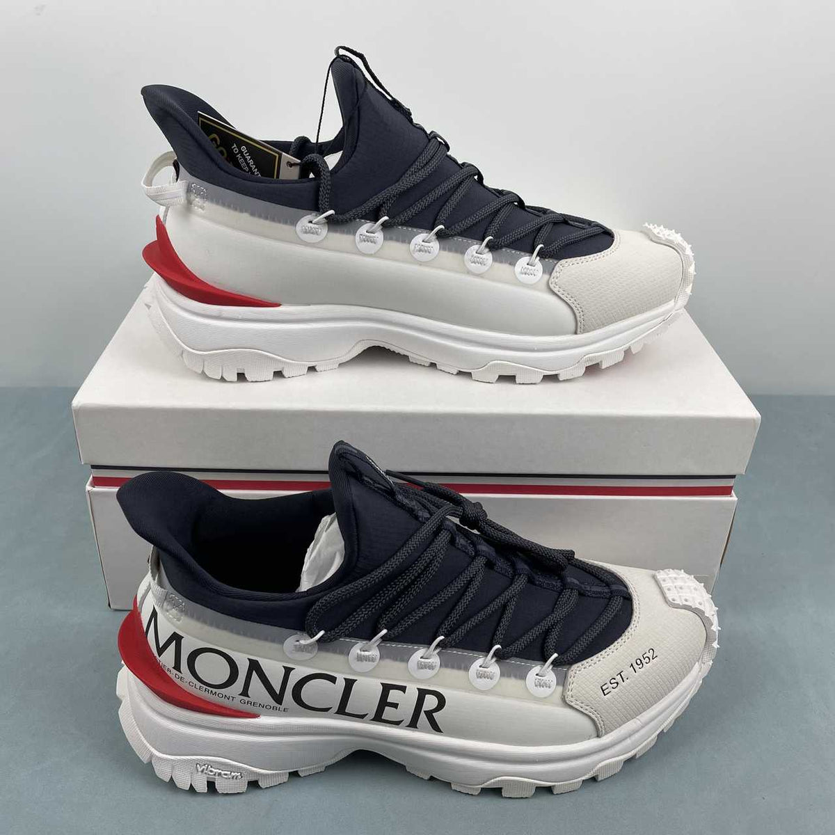 Moncler x Hoka Mafate Speed  White & Navy Sneakers with Red Accents