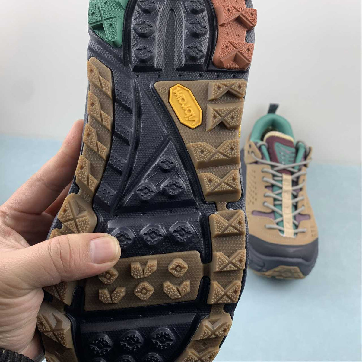 HOKA   Tan and Green Chunky Lace-Up Sneakers